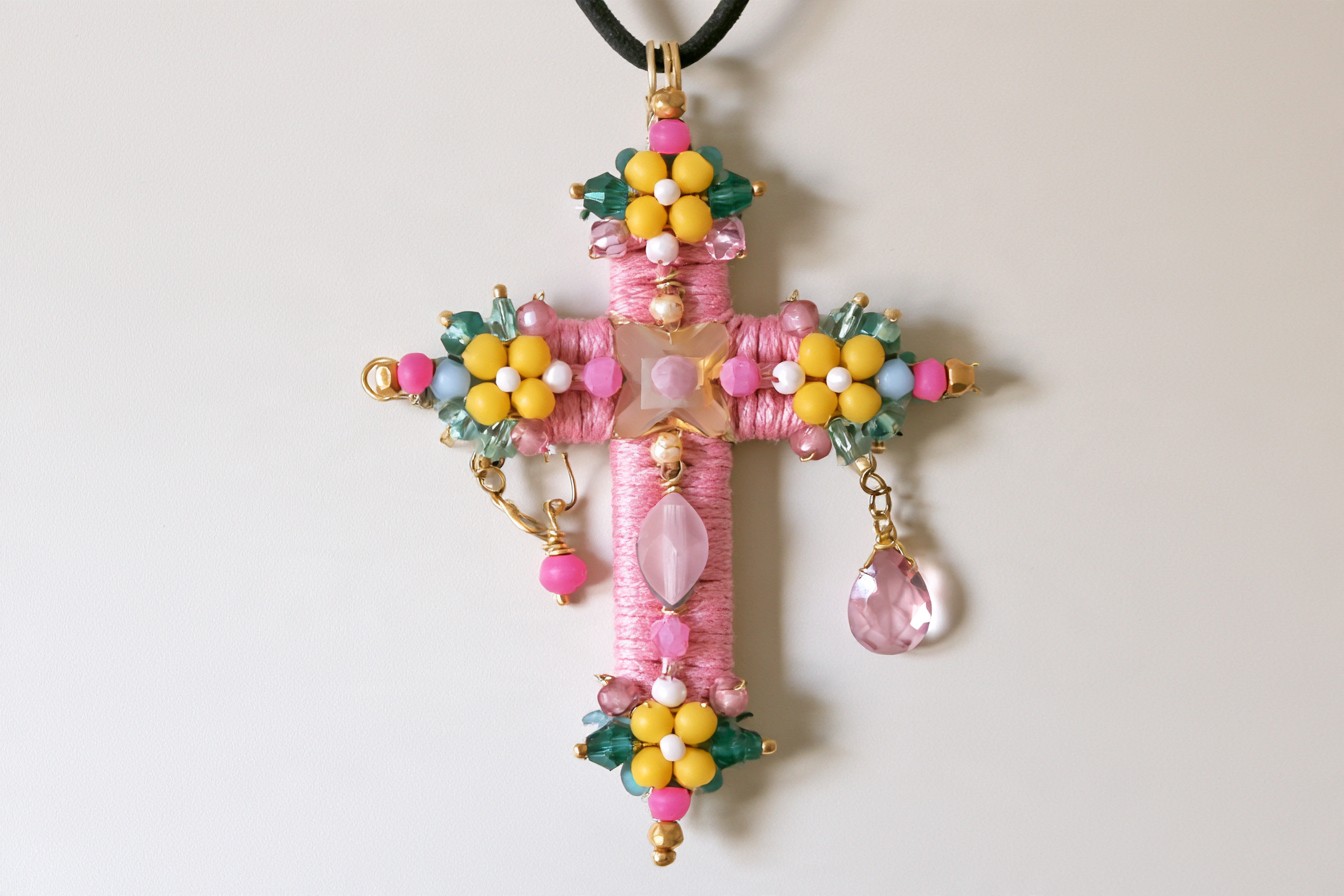 Floral beaded cross with soft pink thread wrapping