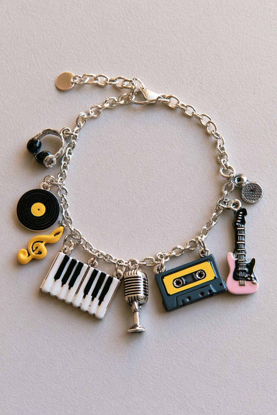Music charm bracelet with piano keys microphone cassette guitar record and headphones