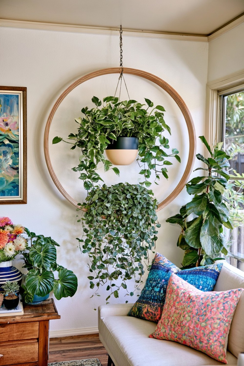 1. Oversized Wooden Ring Hanging Planter
