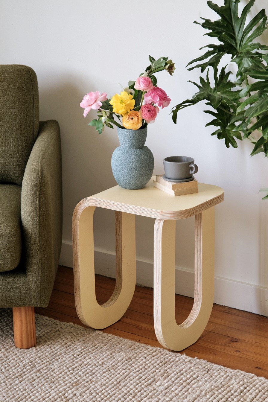 Curved plywood side table with sculptural supports