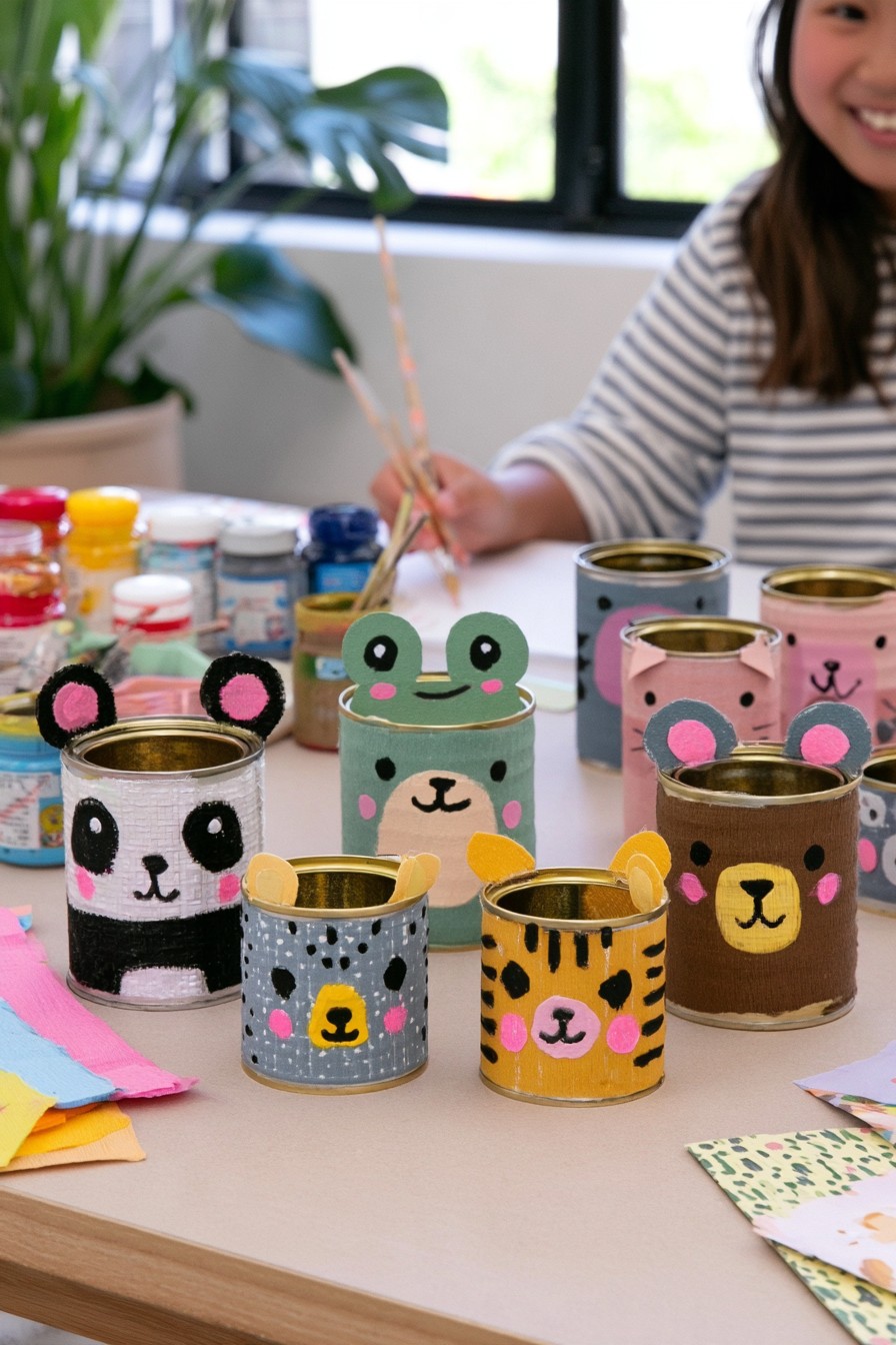 Reused food cans decorated as animal pencil and brush holders