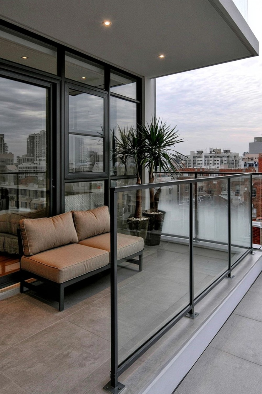 Balcony railing with frosted lower panels and clear upper glass