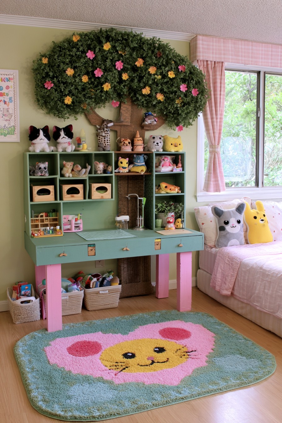 Green play counter with toy animals in cubbies, a taplike fitting, and a large decorative tree above