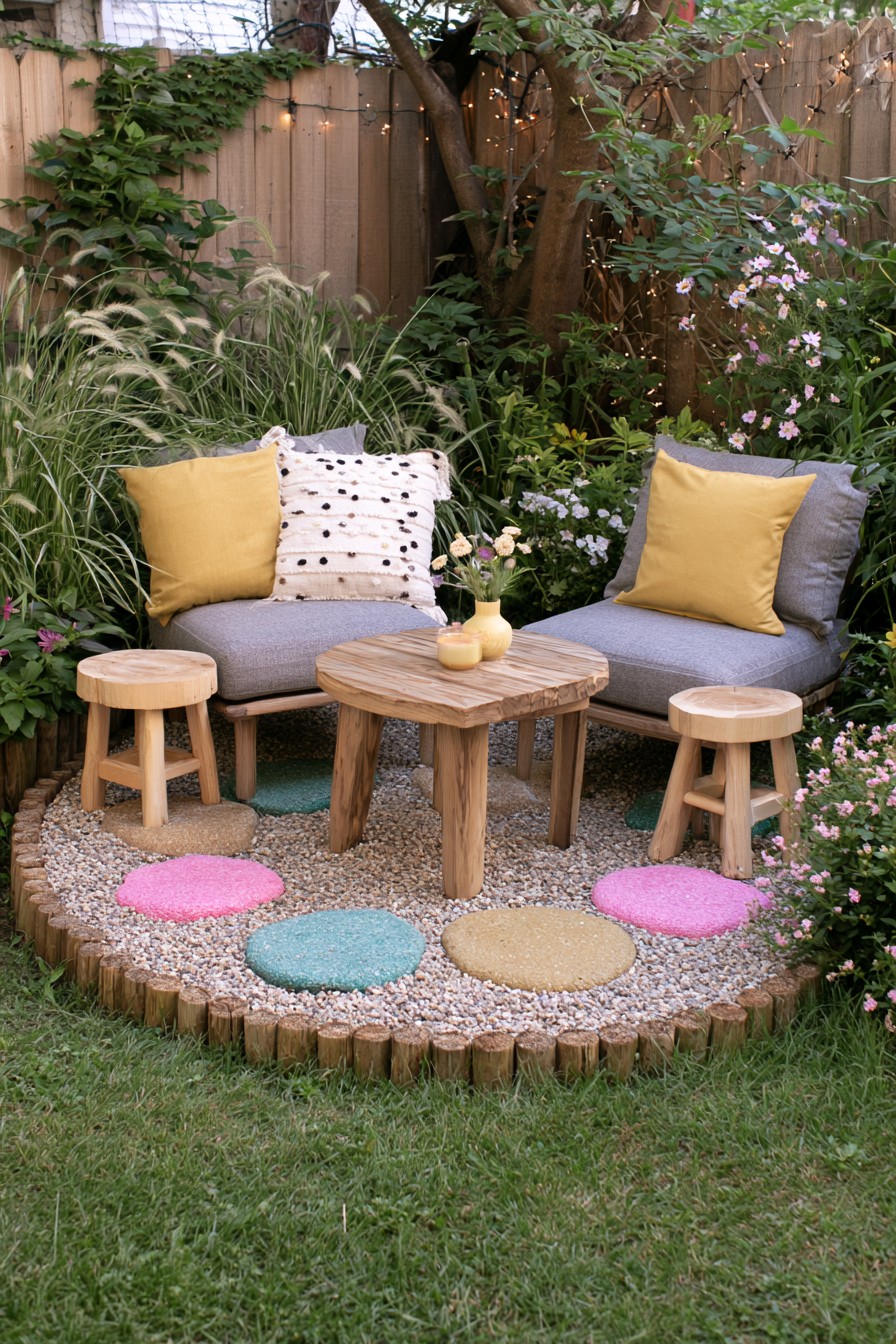Circular gravel seating area with a corner bench, wooden table, and small stools