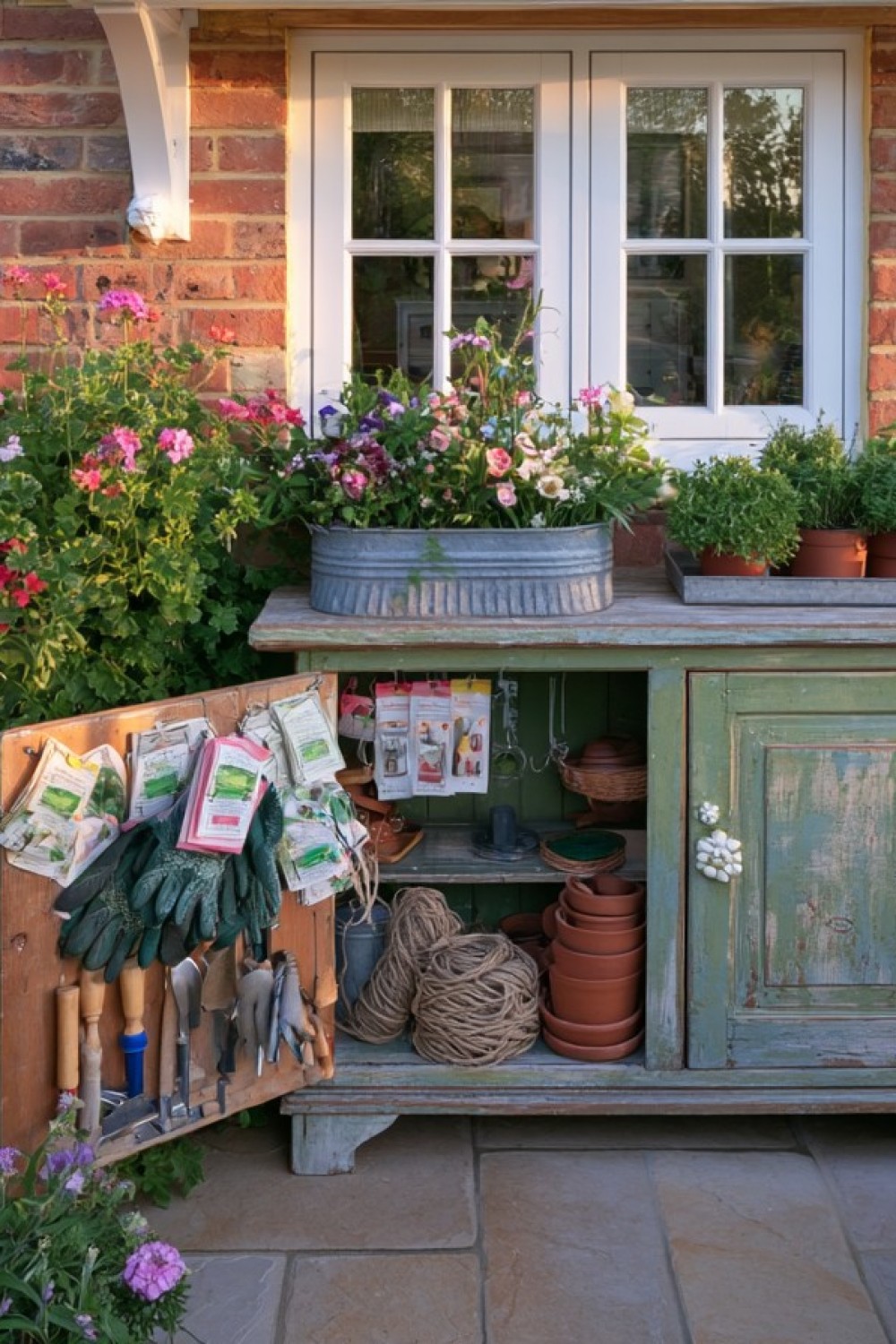 Weather-protected vintage cabinet providing enclosed balcony storage
