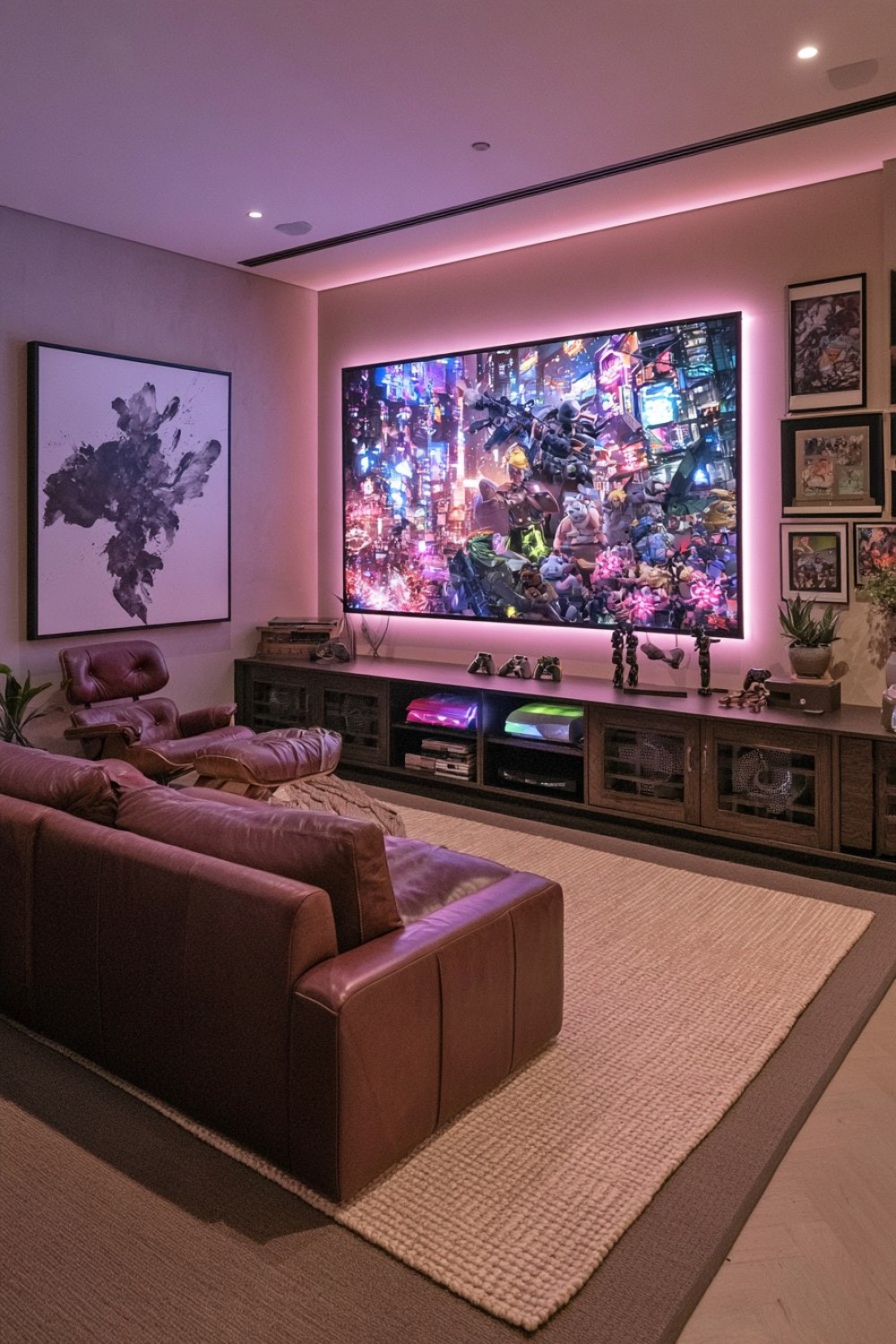 Adult console gaming lounge with leather seating and dark oak furniture