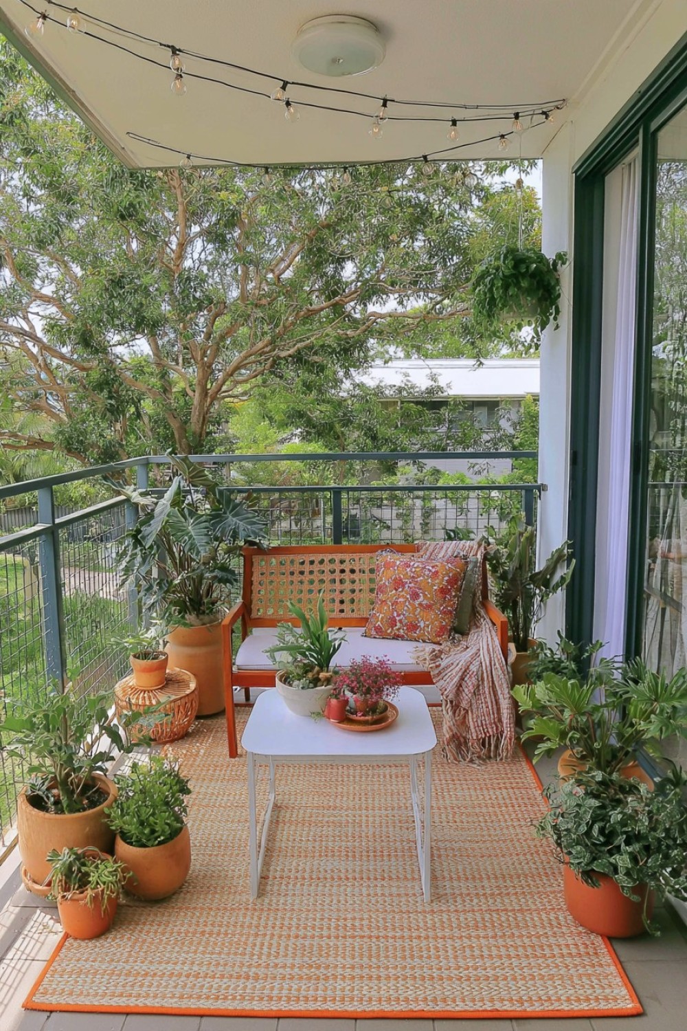 Bohemian balcony with carefully coordinated outdoor patterns