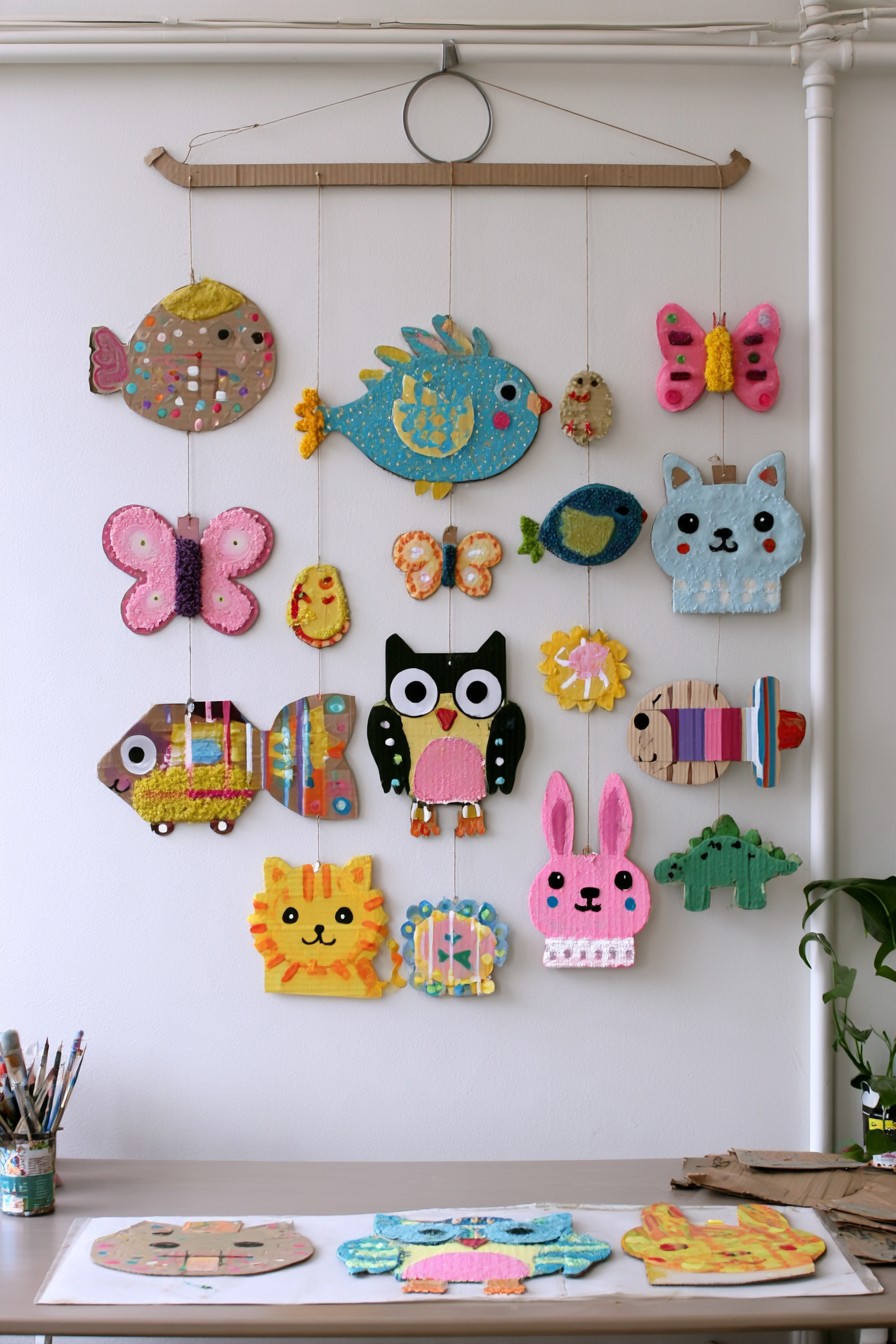 Rows of colorful cardboard animal shapes hanging from a horizontal support against a classroom wall