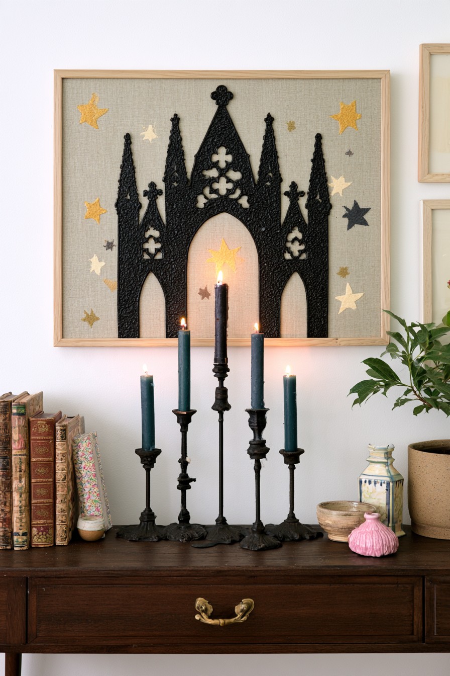 Framed black cathedral shaped textile design with star motifs above a wood console and tall candlesticks