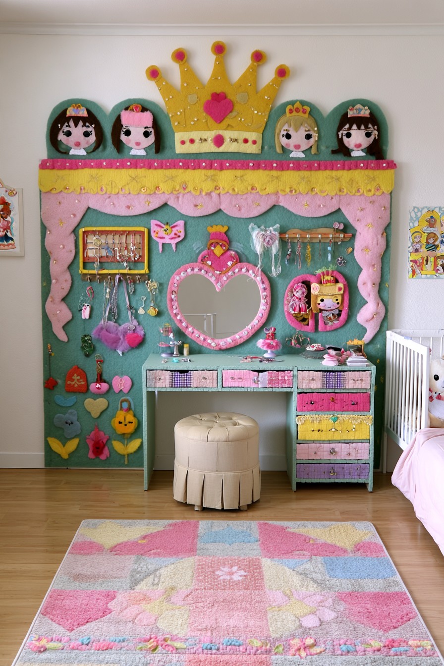 Crown decorated green panel with a heart shaped mirror, accessory hooks, a small dressing table, and pastel drawers