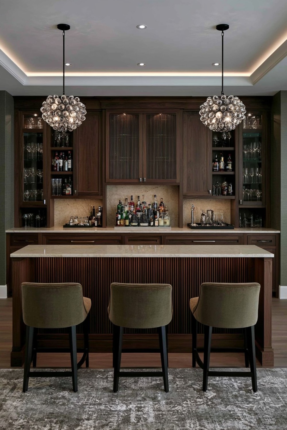 Walnut basement bar with ribbed cabinet fronts
