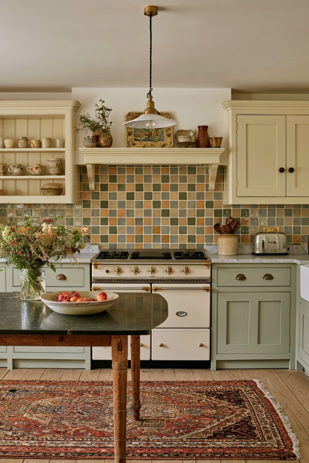 Two tone painted cabinets in a soft cottage kitchen palette