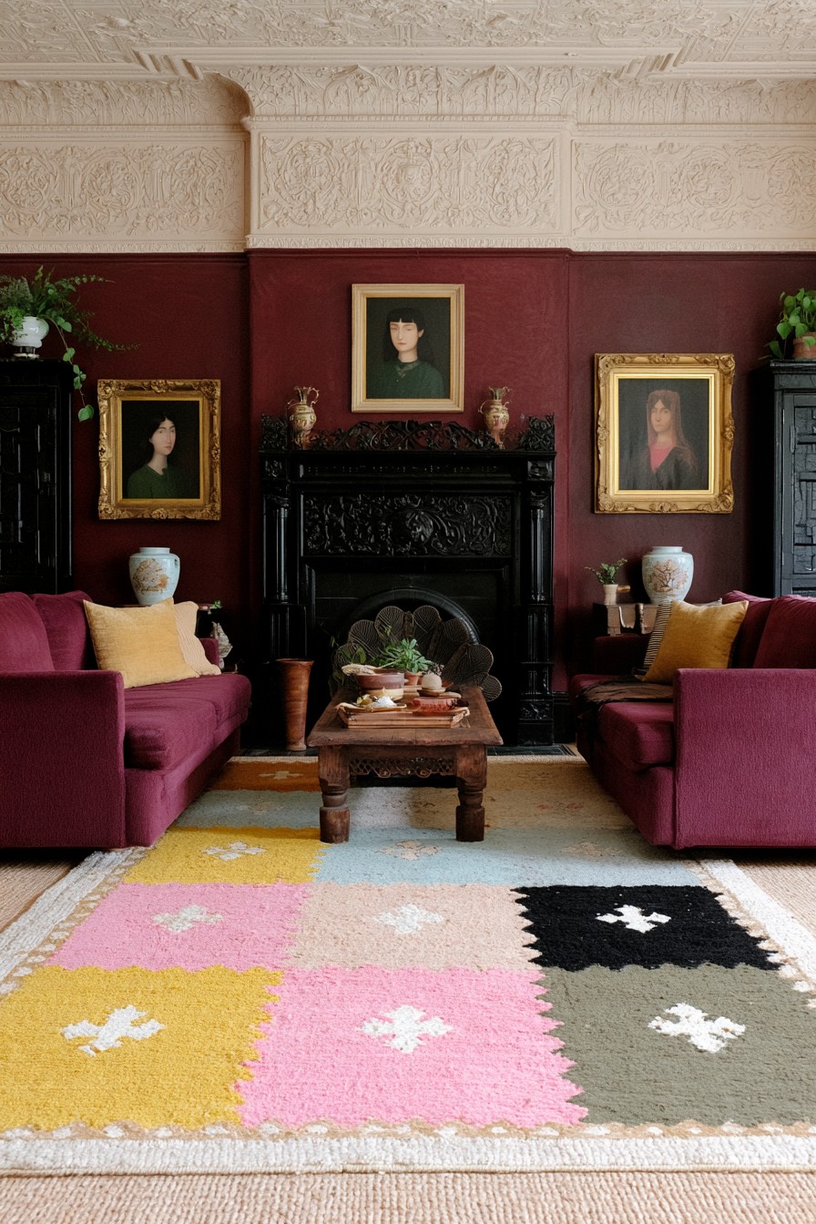 Burgundy sitting room with three portraits above a black fireplace, facing red sofas, and a pastel patchwork rug