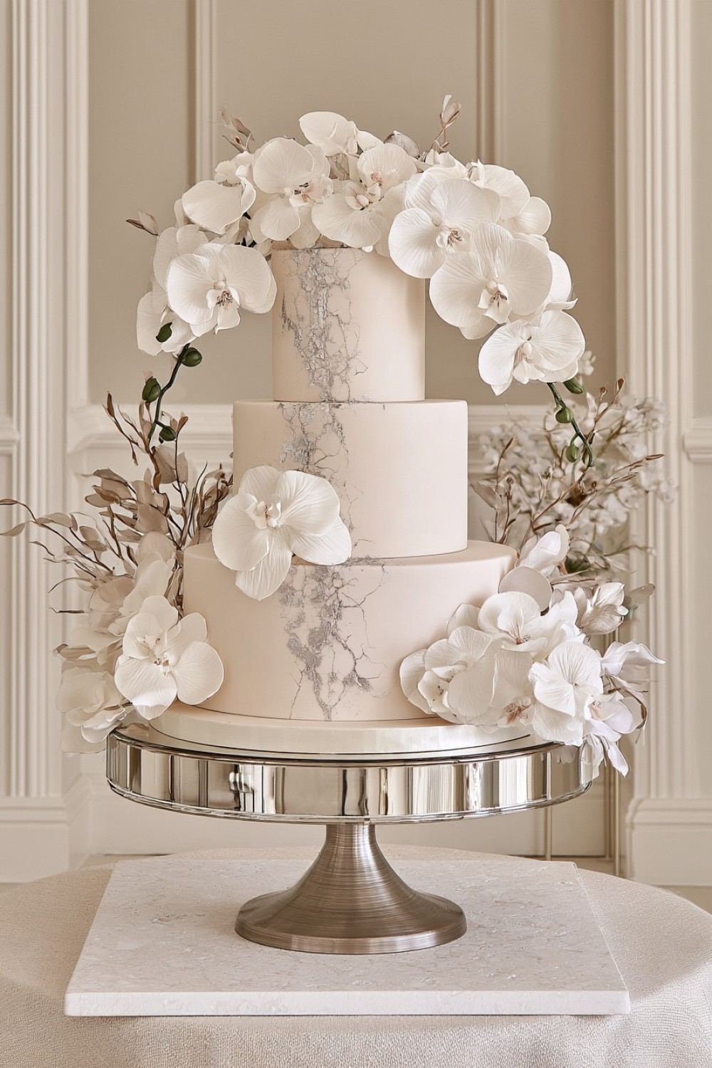 13. White Wedding Cake With Subtle Silver Texture