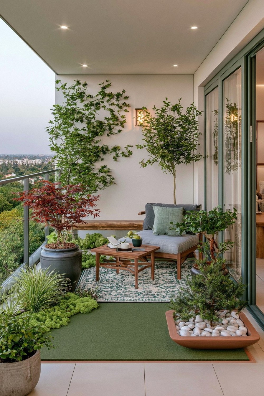 Japanese-inspired balcony garden with restrained planting