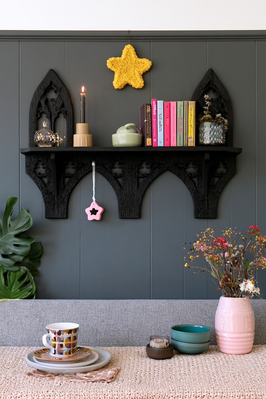 Black Gothic wall shelf with pointed decorative panels, colorful books, and small ceramics on a gray paneled wall