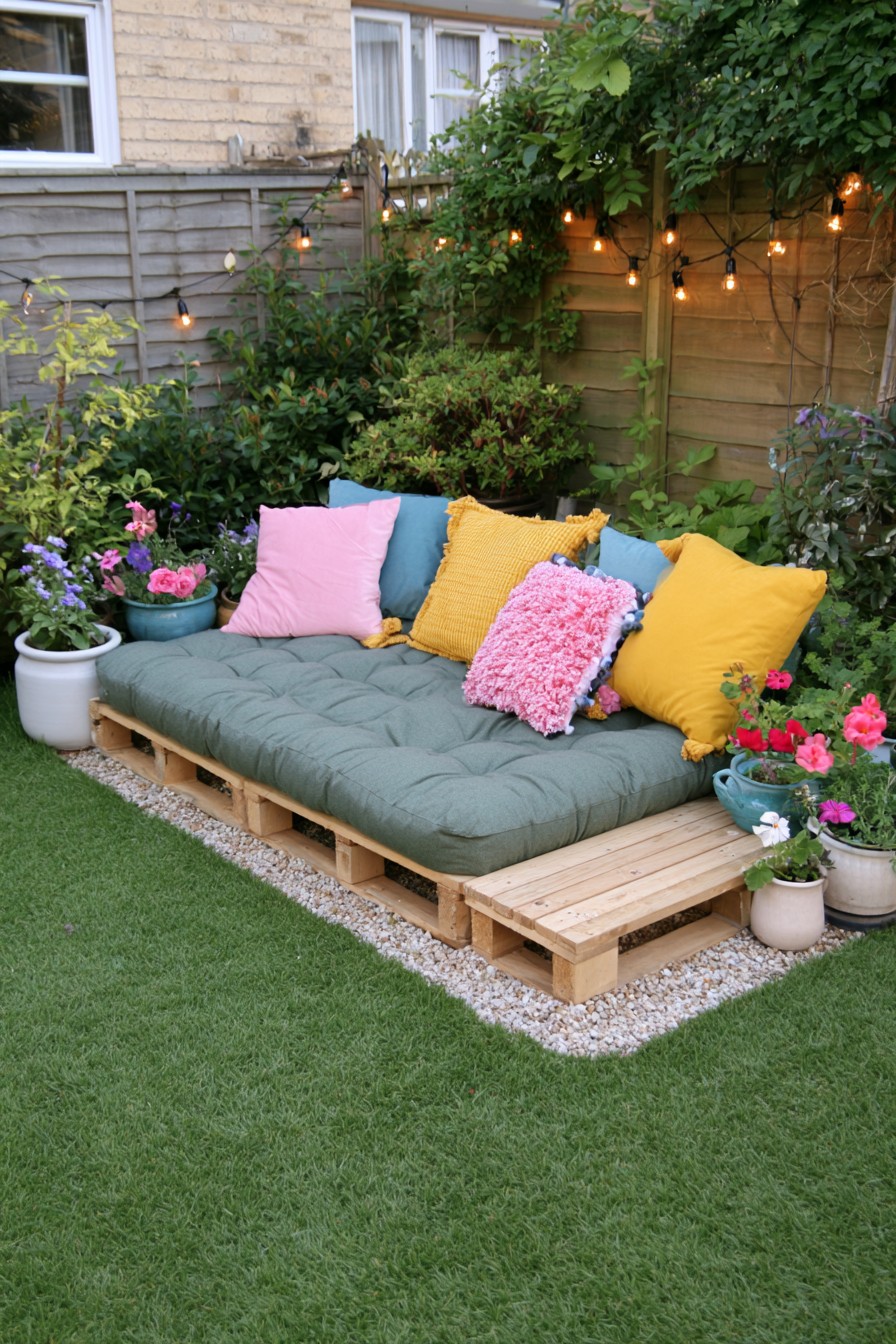 Wide pallet garden daybed with a built in side table extension