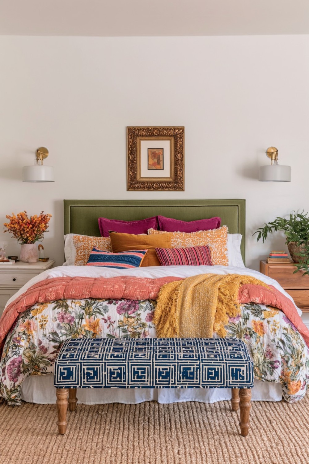 Eclectic bedroom combining floral bedding and geometric textiles