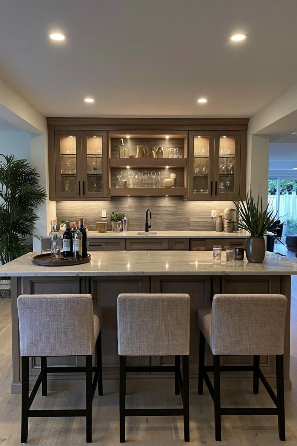 Bright basement bar finished with soft neutral materials