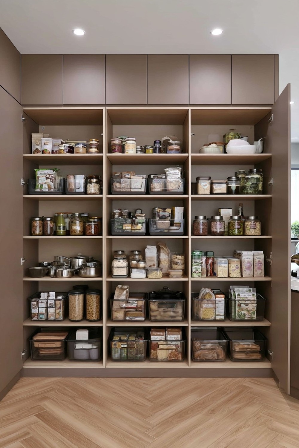 Kitchen pantry shelves organized according to meal function