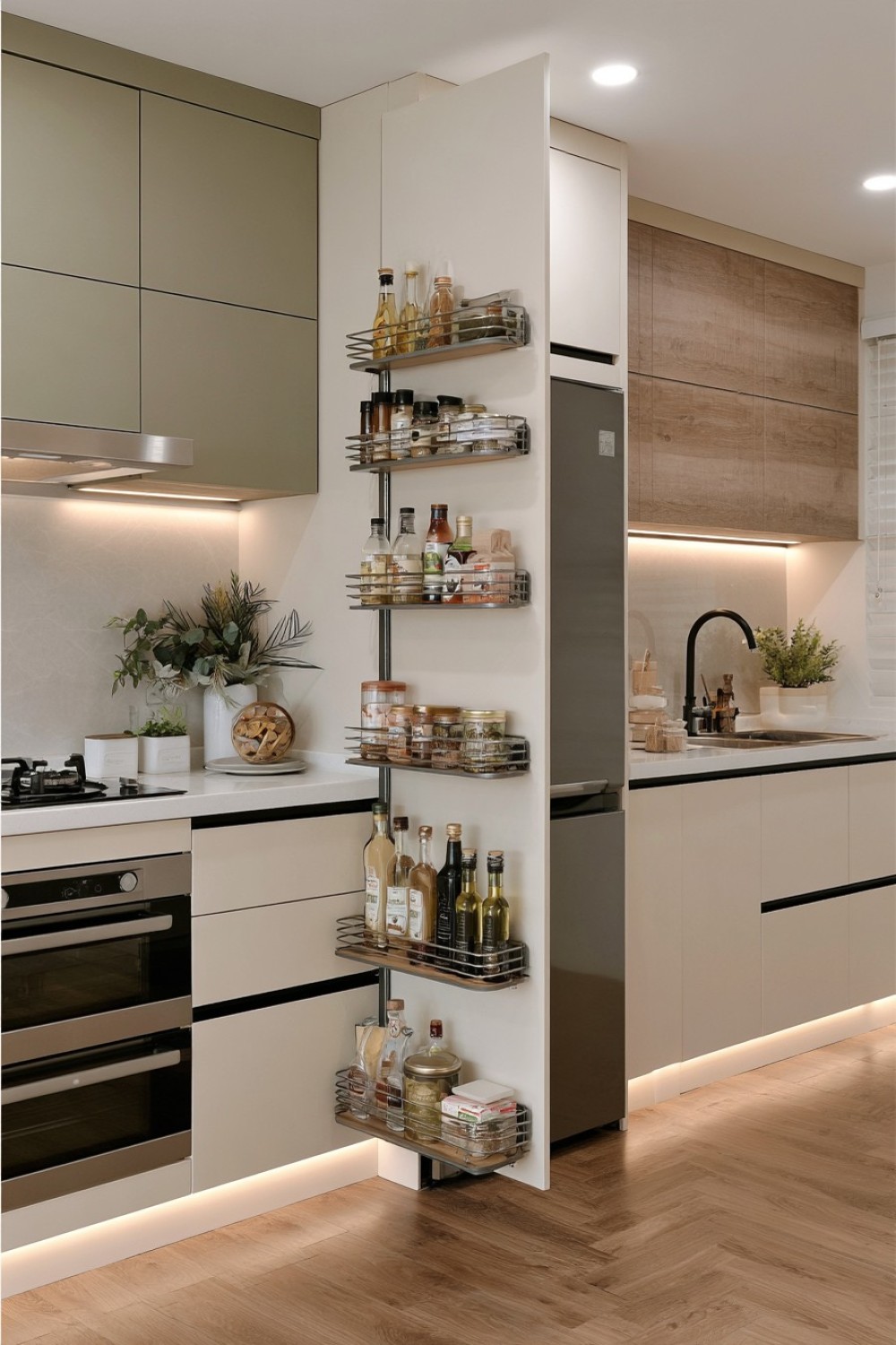Narrow pull-out kitchen storage installed beside a refrigerator