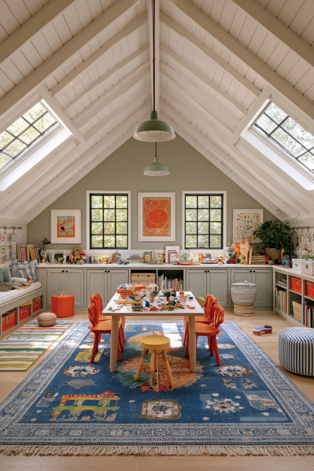 Age-adjustable attic playroom with flexible activity and storage zones