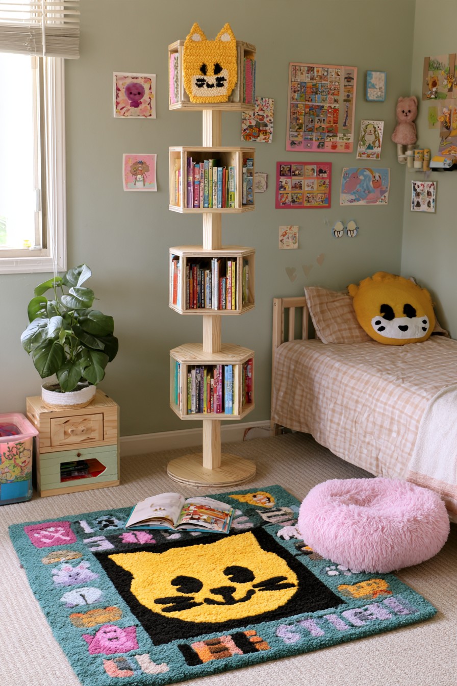Vertical timber book tower with four separate shelf boxes on a central support beside a bed