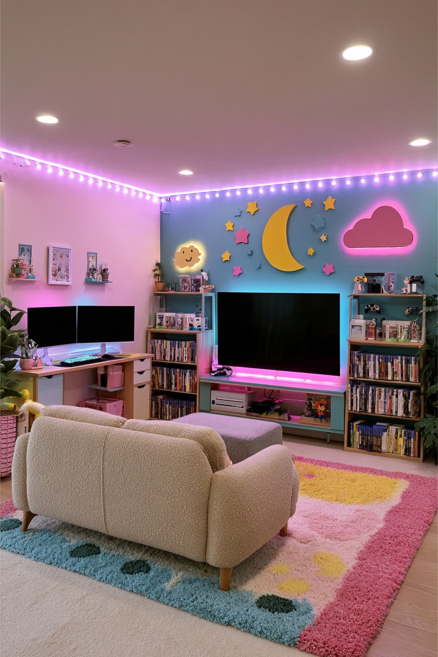 Pastel blue television wall with moon and cloud accents, side bookcases, a two monitor desk, and cream sofa