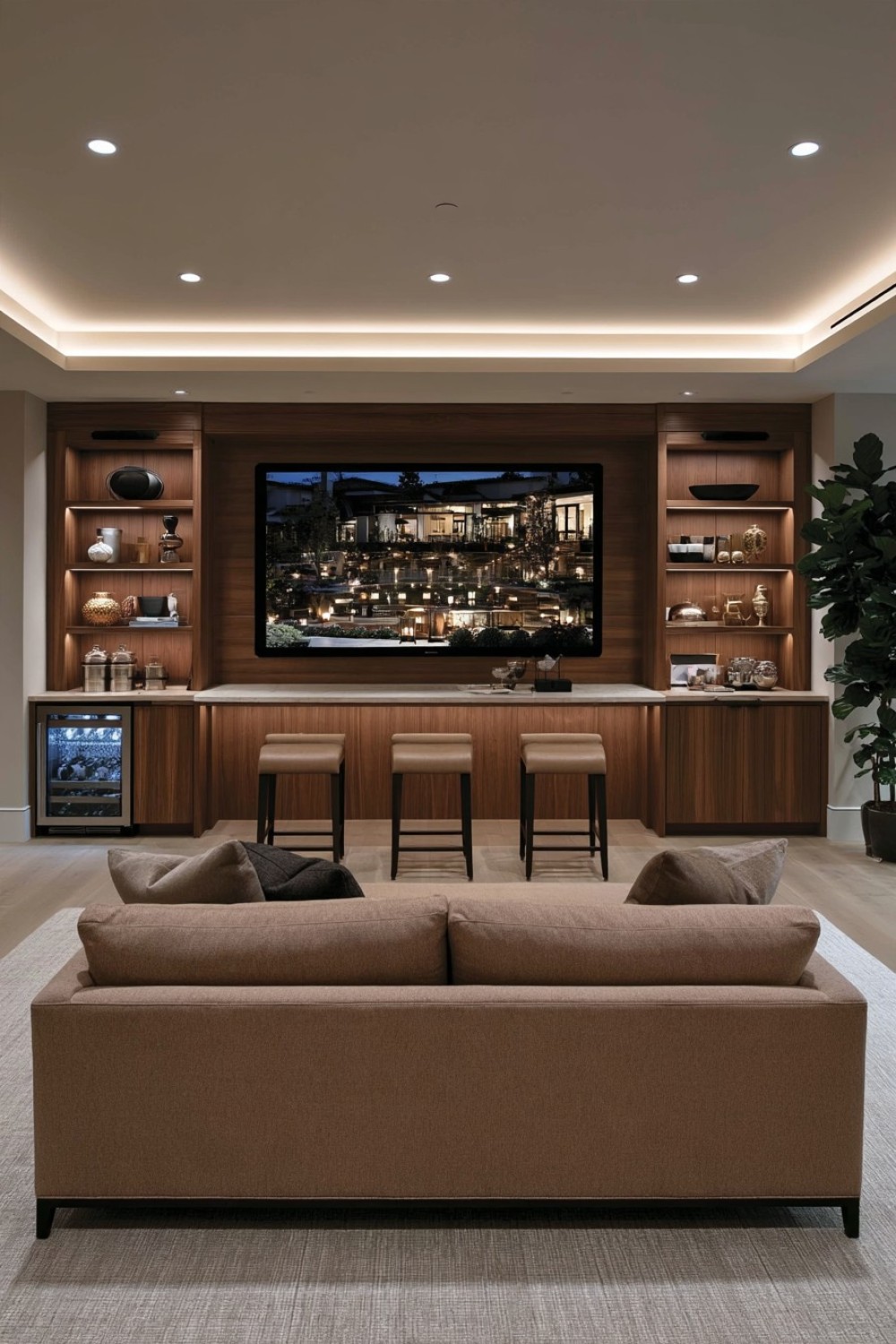 Raised basement bar counter positioned behind a sofa