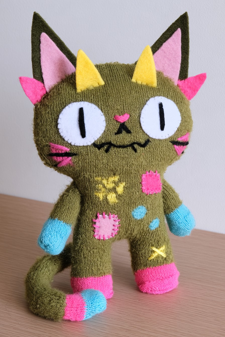 Olive goblin cat character with pointed ears, yellow horns, colorful patches and a striped curled tail