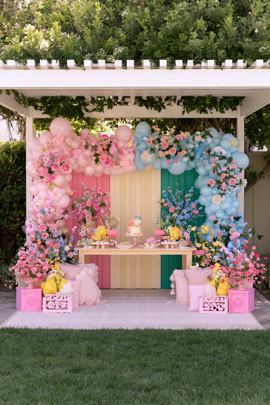 Pergola gender reveal dessert setting with pink blue balloons flowers and wooden table