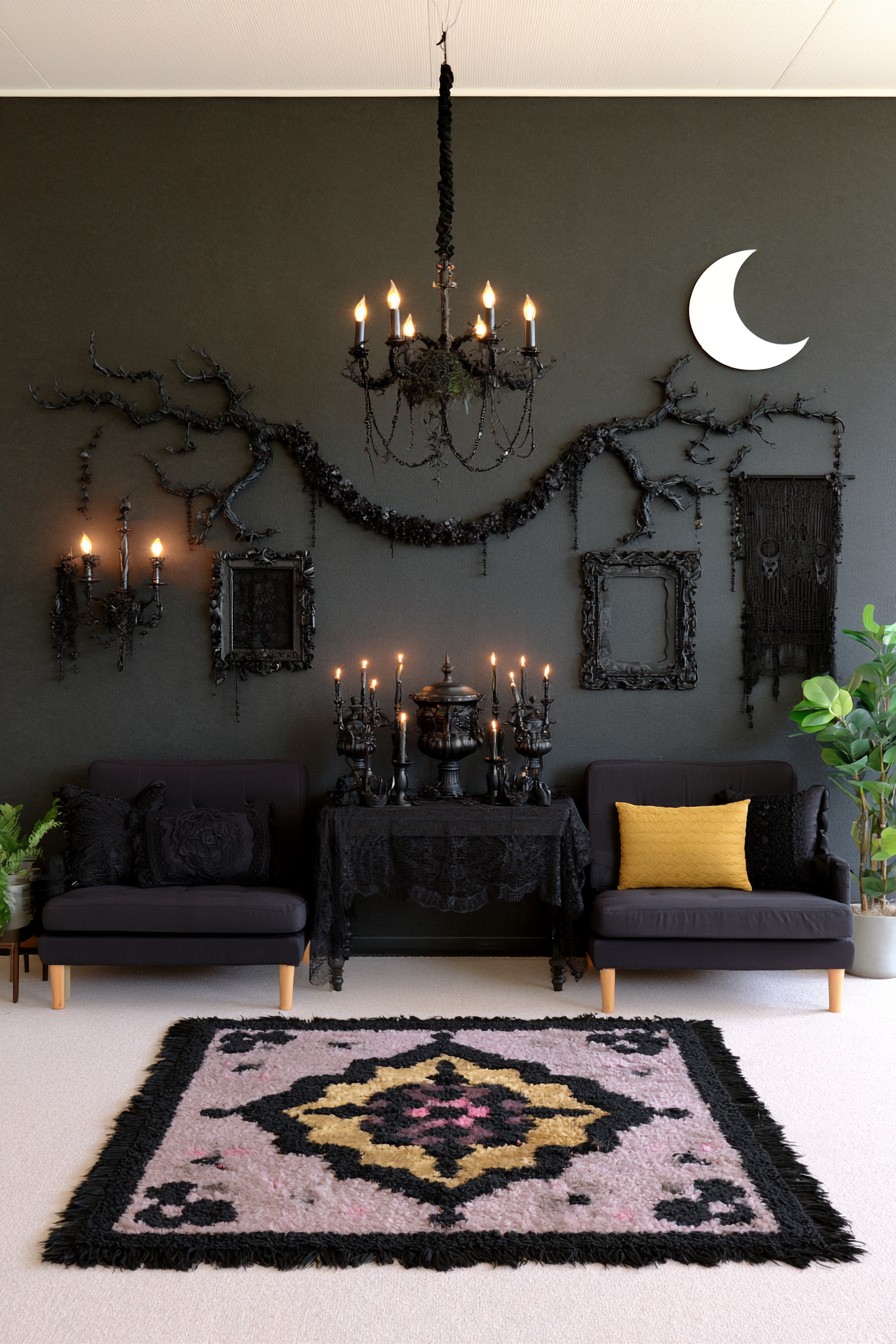 Twisting dark branch forms and a pale crescent on a gray wall above two compact chairs and a patterned rug