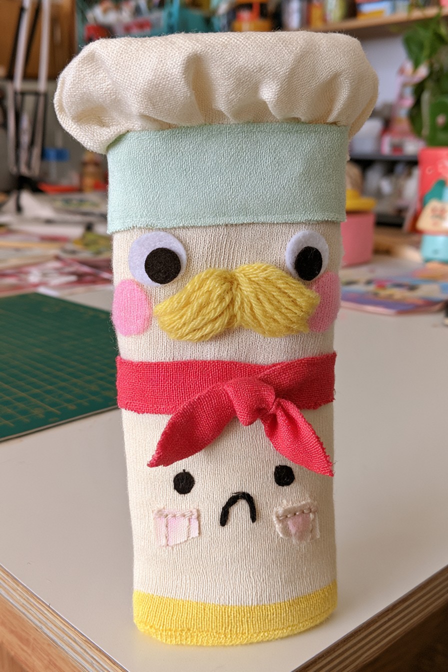Cream chef sock character with a gathered hat, pale green hatband, yellow yarn mustache and red scarf