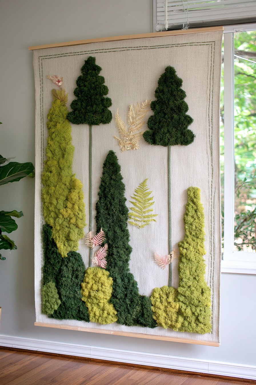 Framed preserved moss wall hanging with forest inspired shapes