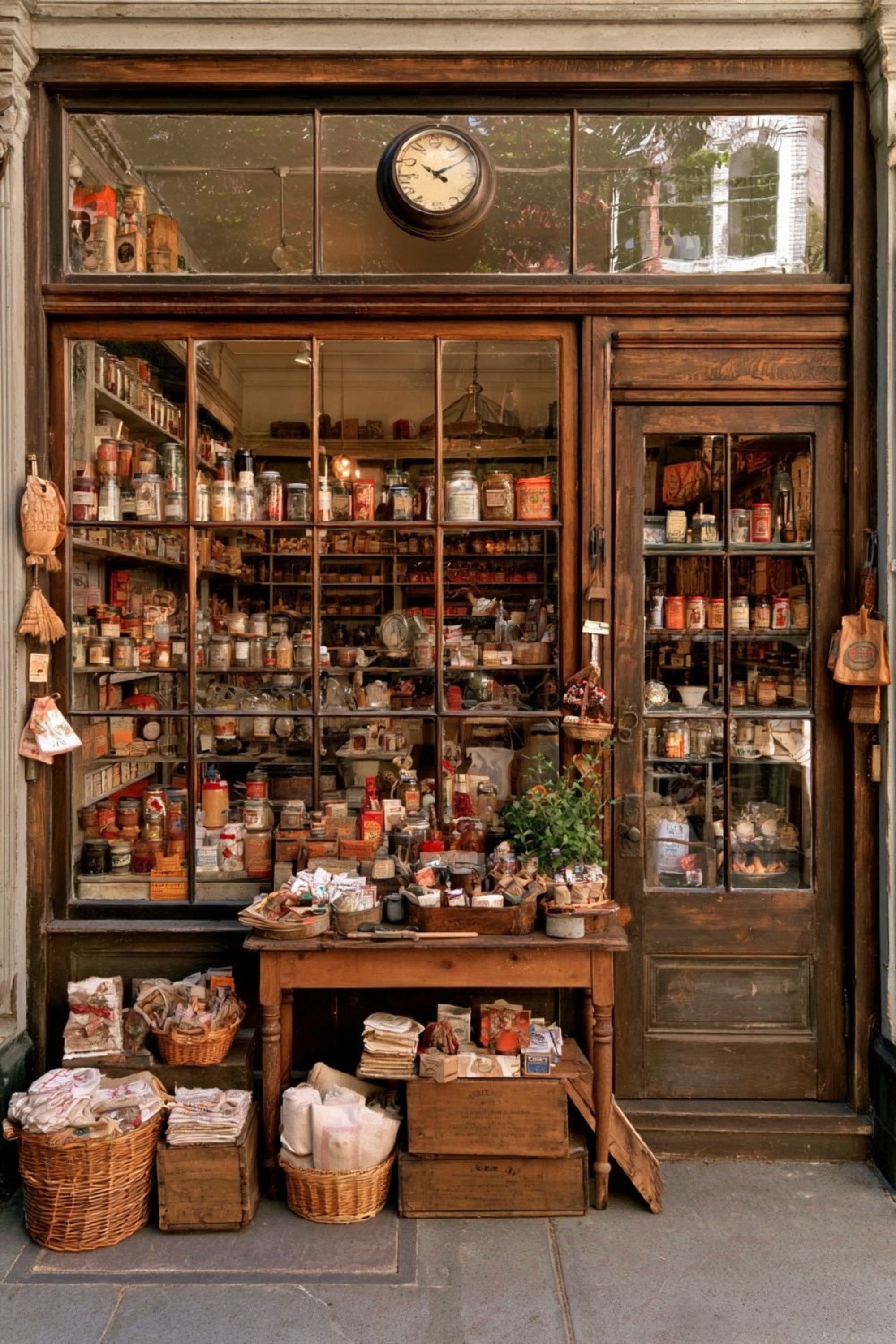Front display window arranged as a miniature old-fashioned general store scene