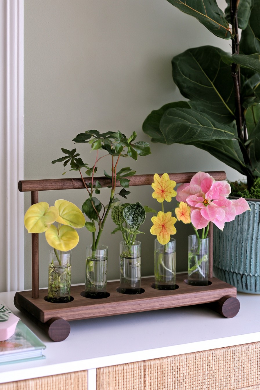 Wooden propagation stand holding removable glass tubes