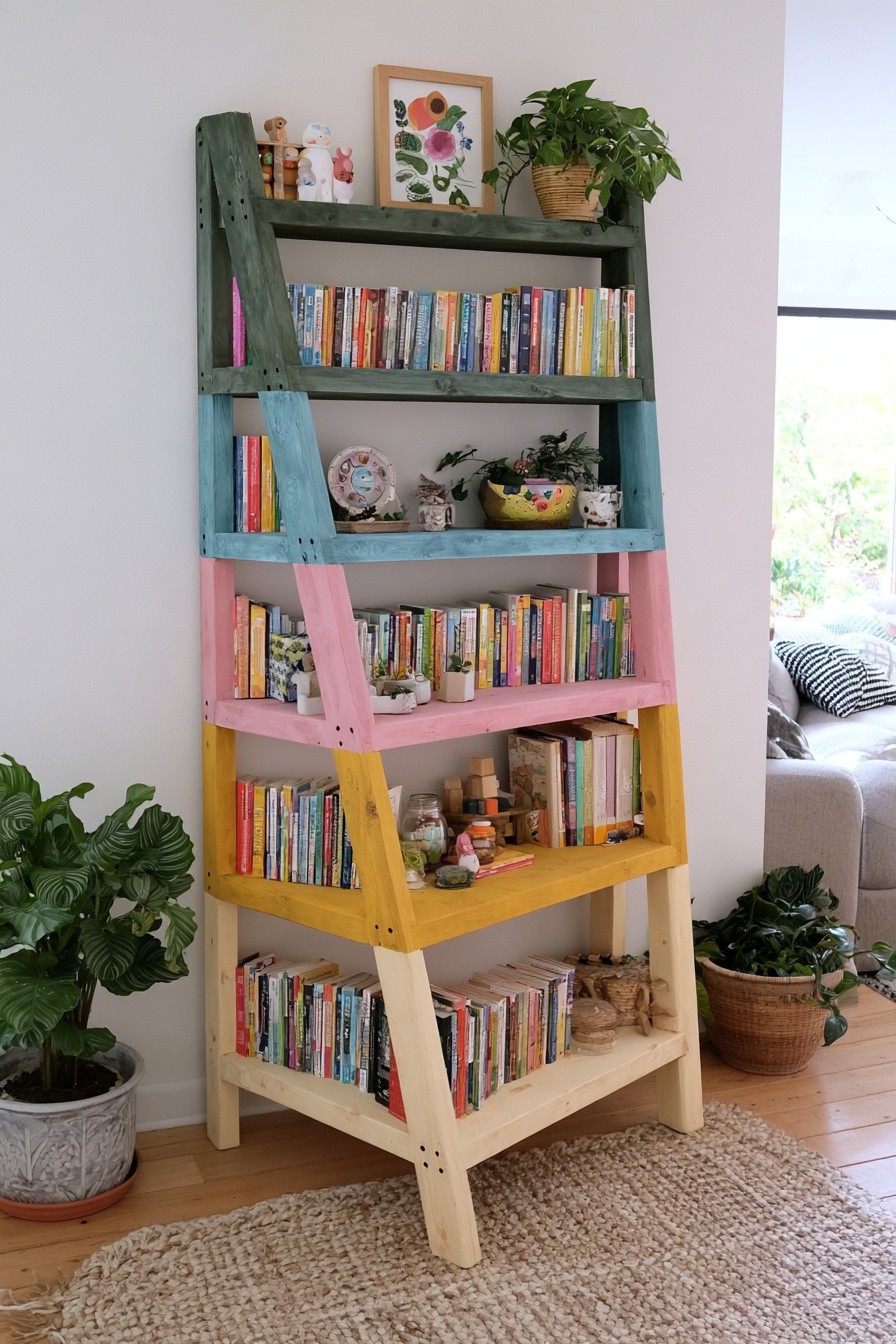 Ladder bookshelf with graduated natural wood mustard pink blue and green sections