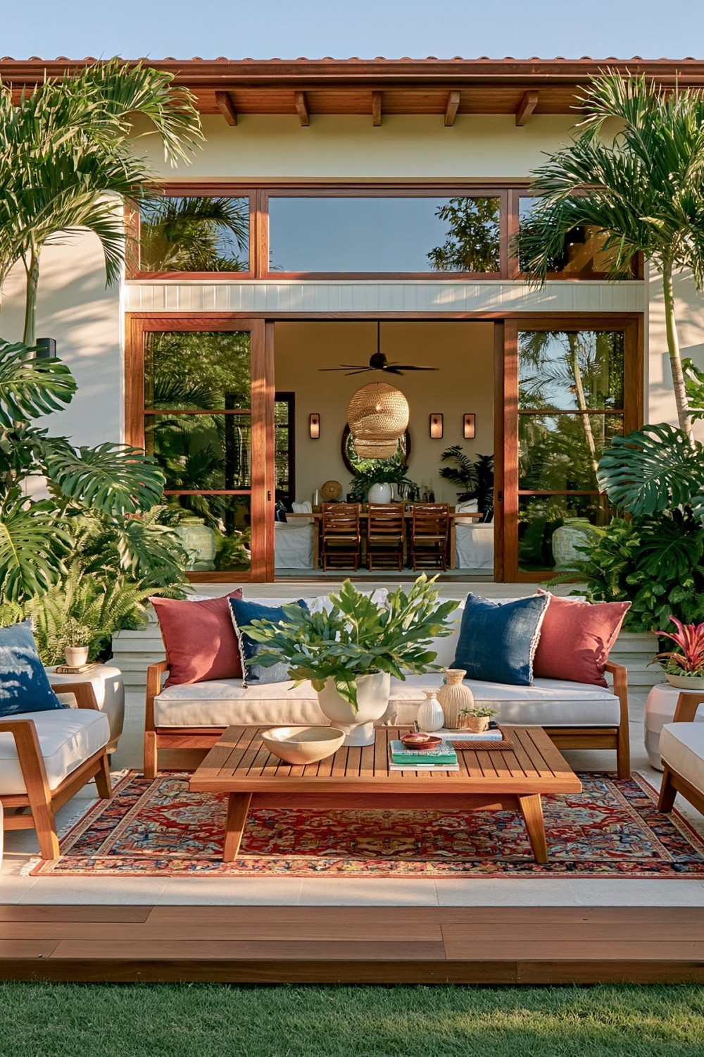Tropical patio floor combining outdoor rug timber and stone textures