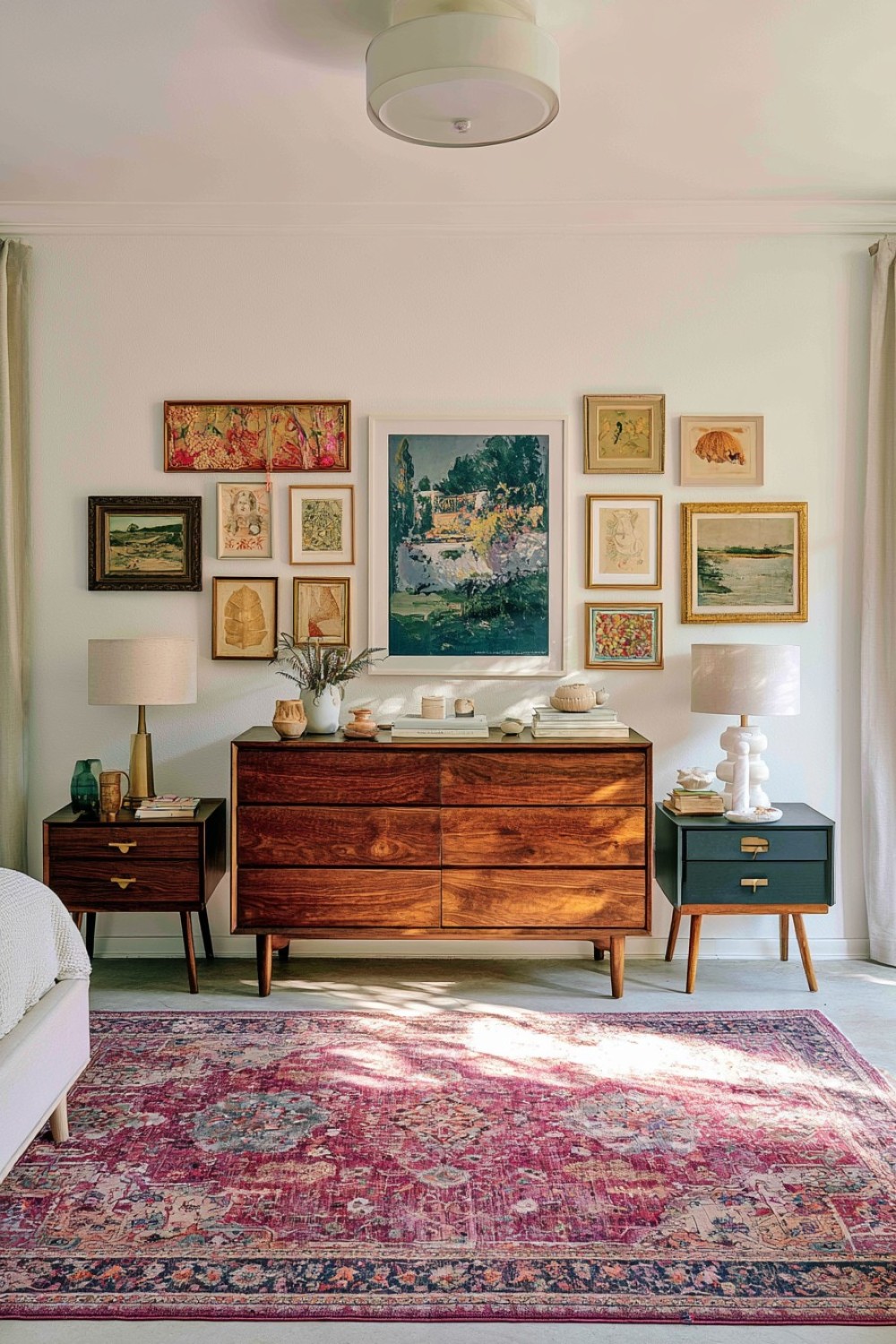 Asymmetrical bedroom gallery wall arranged above a dresser