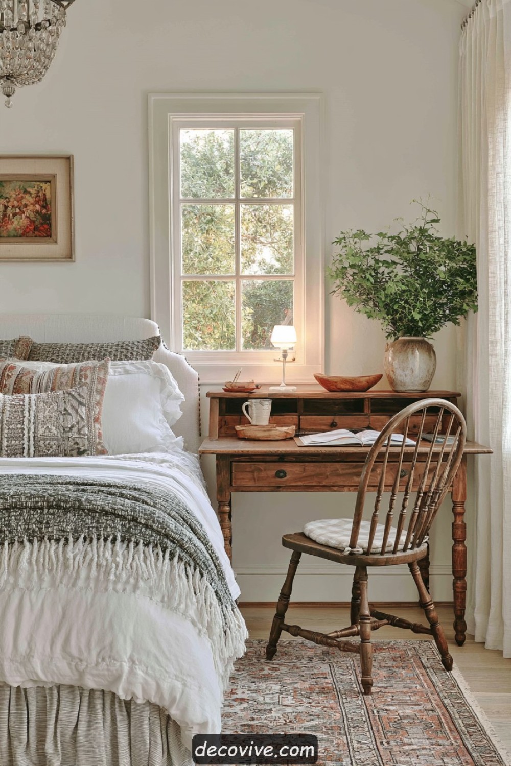 Compact farmhouse writing corner with a secretary desk