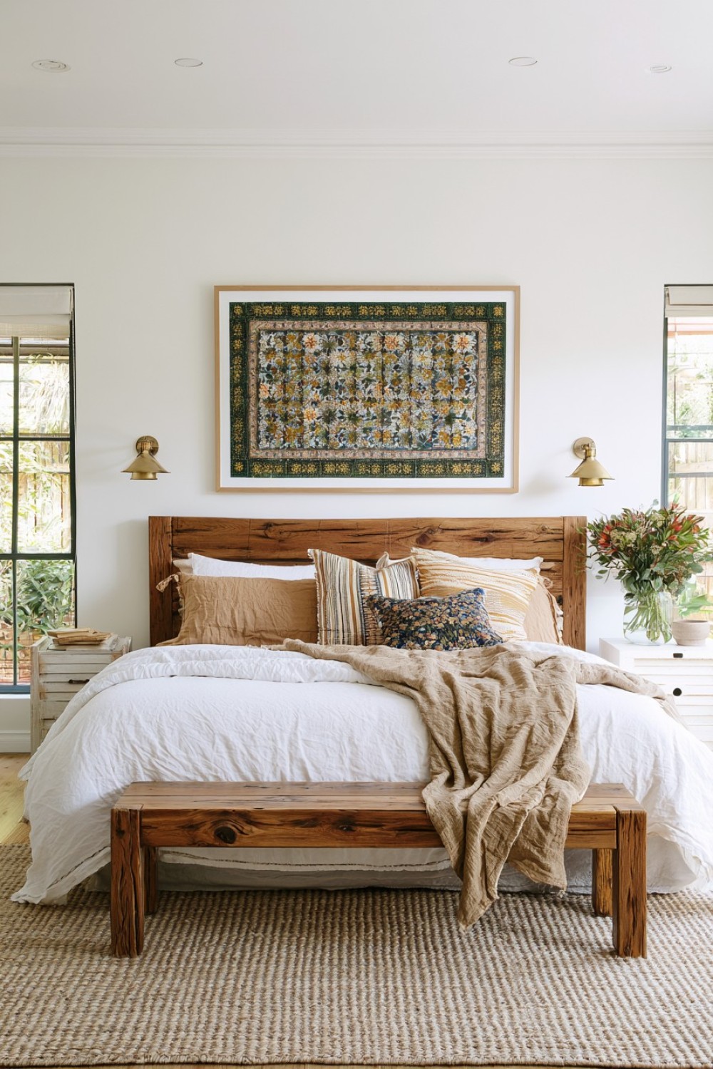 Bohemian bedroom combining raw wood furniture with soft linen