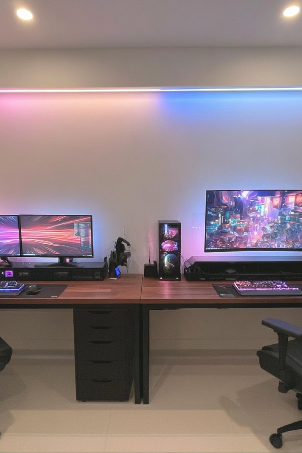 Separate cable management systems beneath two gaming desks