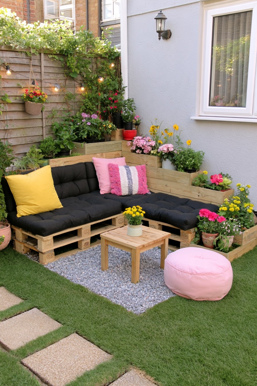 Pallet seating with a stepped display of garden planters