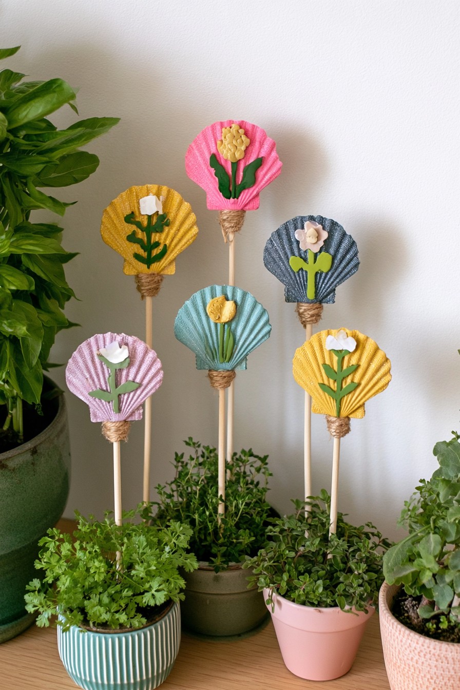 Colorful seashell plant stakes decorated with raised floral details
