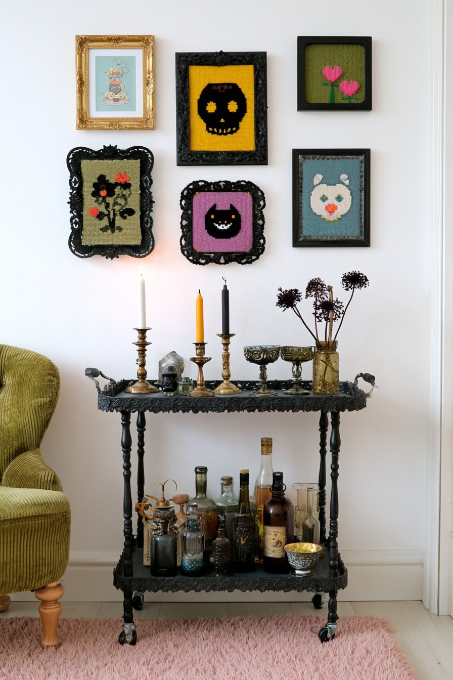 Dark two tier rolling bar cart with bottles and glassware beneath colorful Gothic pictures, beside an olive chair