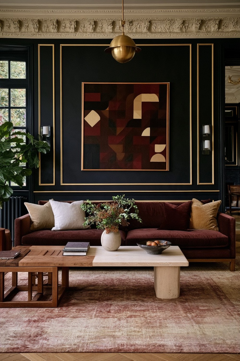 2. Burgundy Walls With Quiet Mushroom Seating