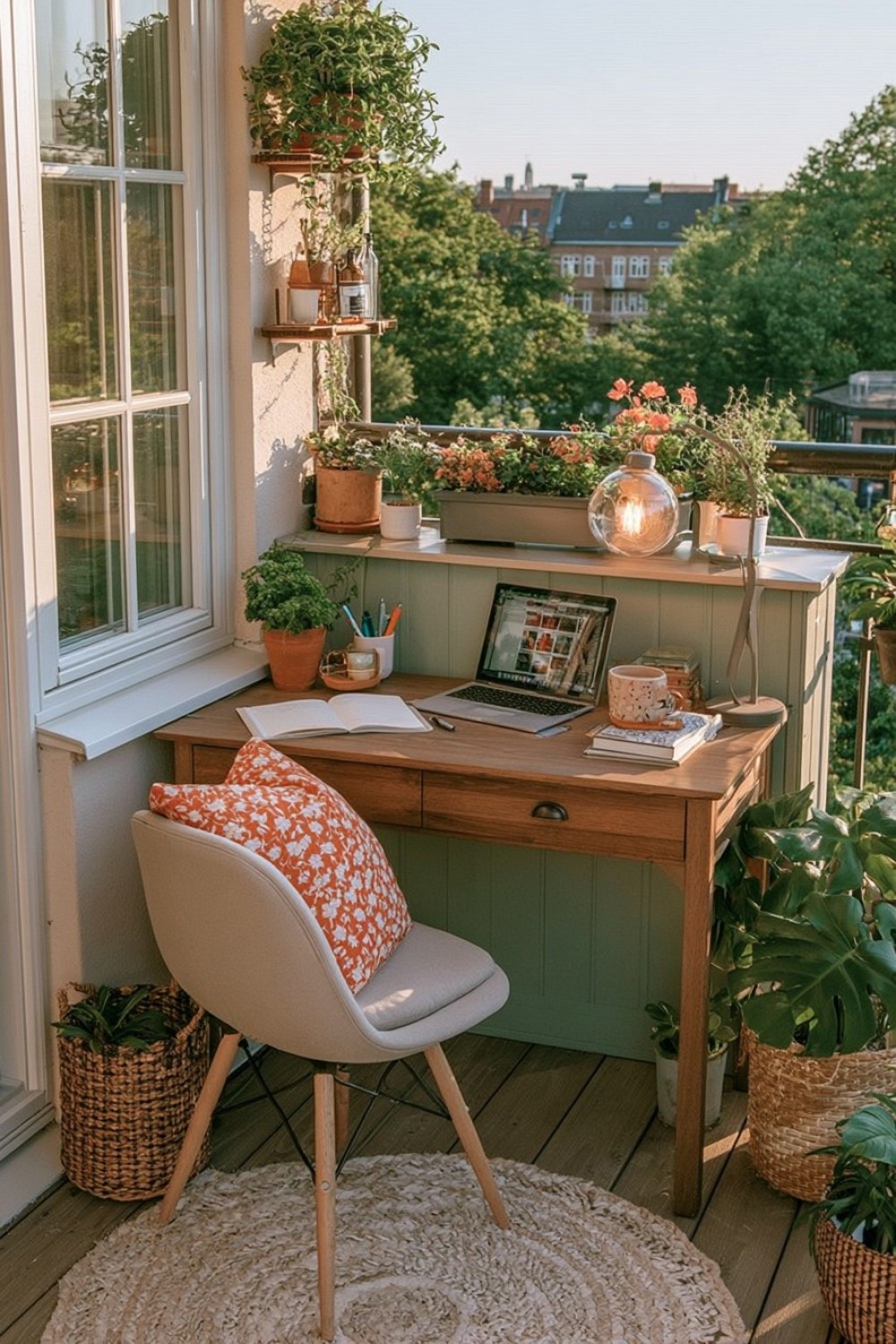 Compact temporary workspace on an apartment balcony