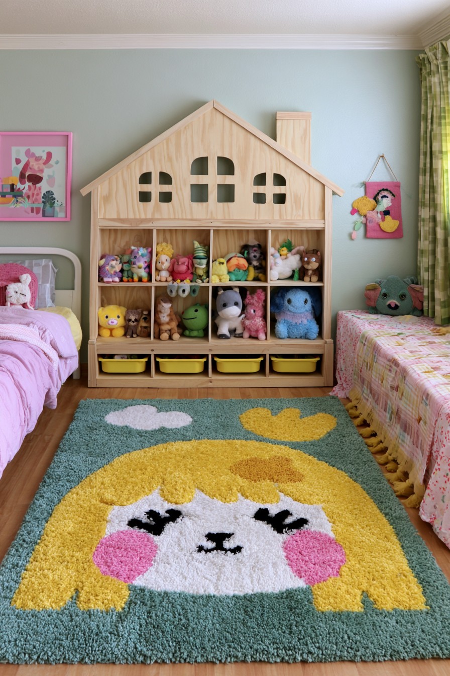 Timber house shaped storage cabinet with plush toys in open cubbies and yellow trays along the bottom