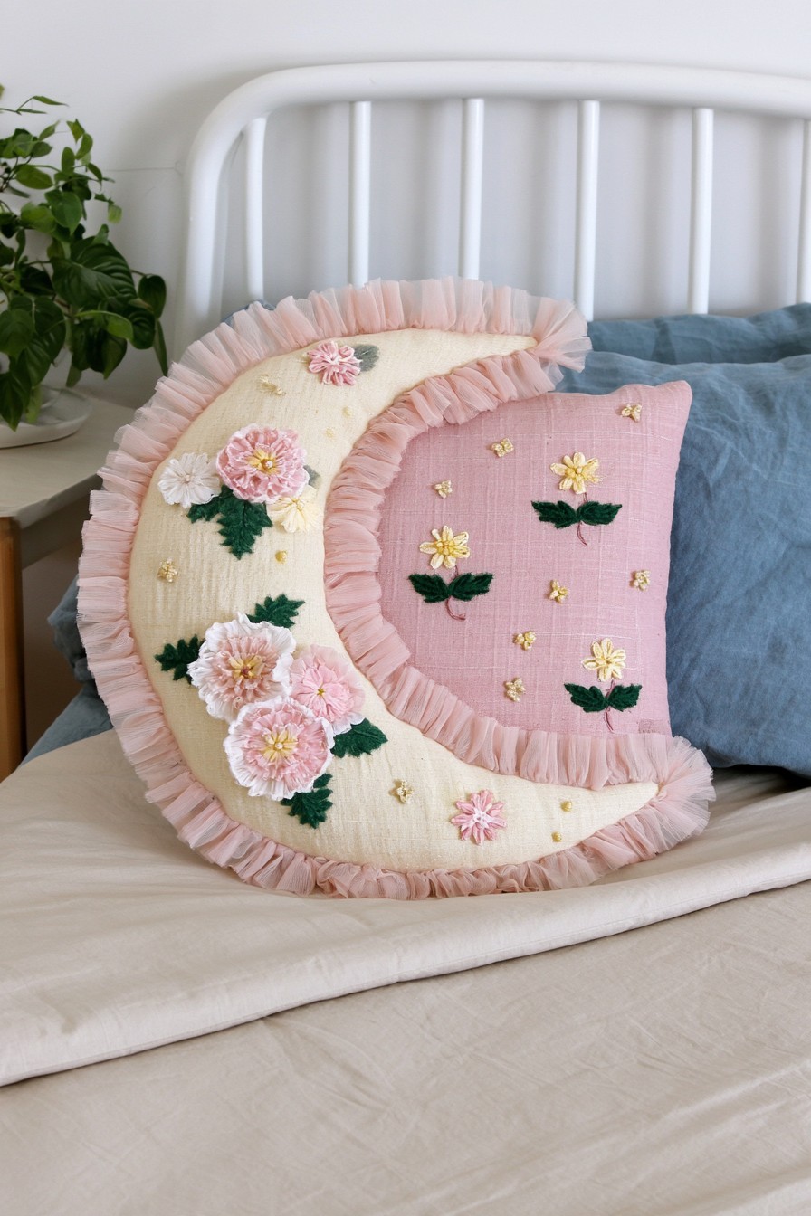 Crescent moon pillow with pink ruffles and floral embroidery