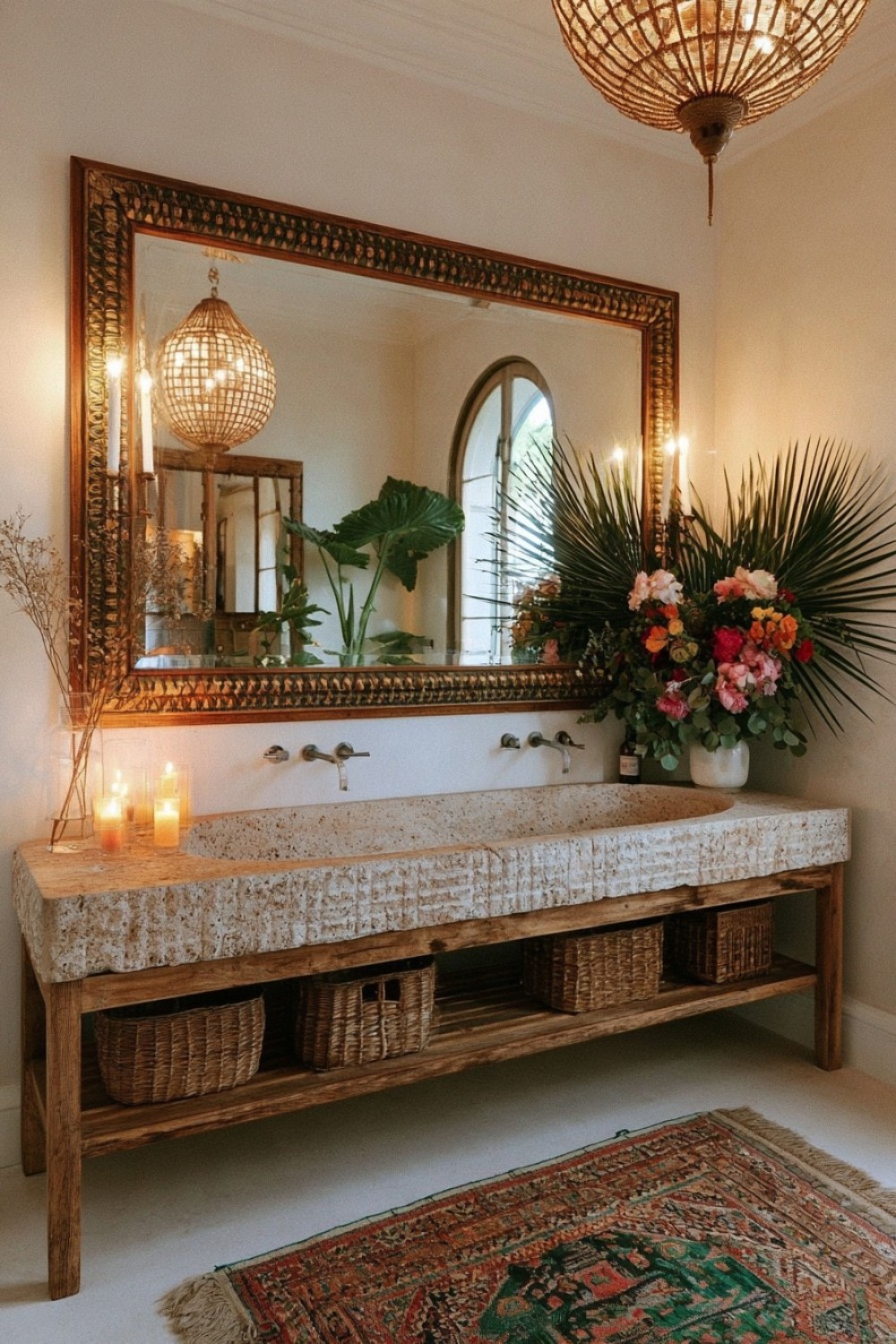 Rustic stone trough sink in a naturally textured boho bathroom